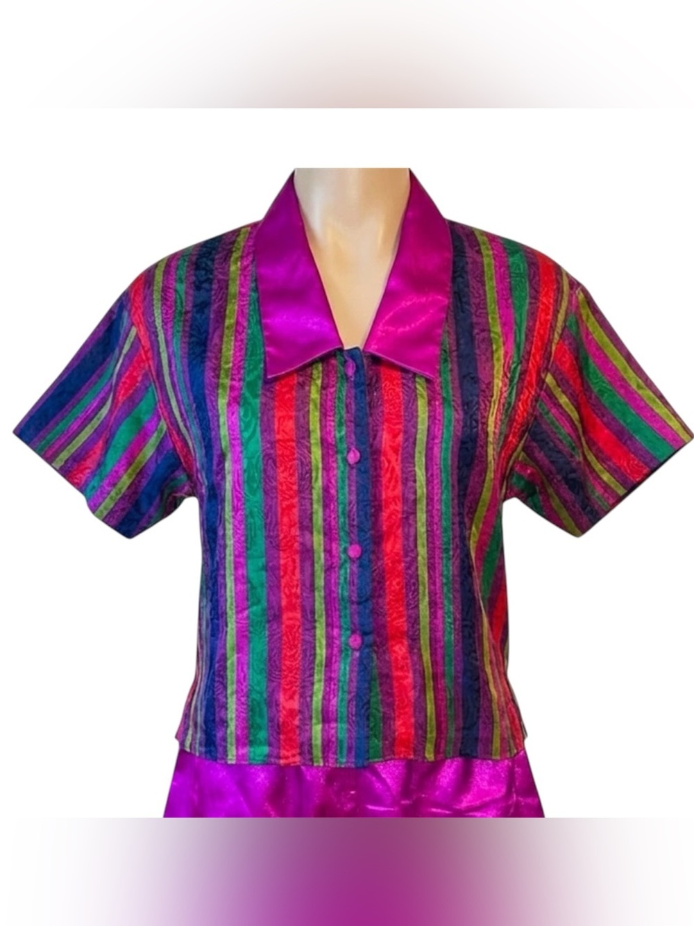 Victoria's Secret Vintage Multi-Color Striped Satin Button-Up Pajama Top Small